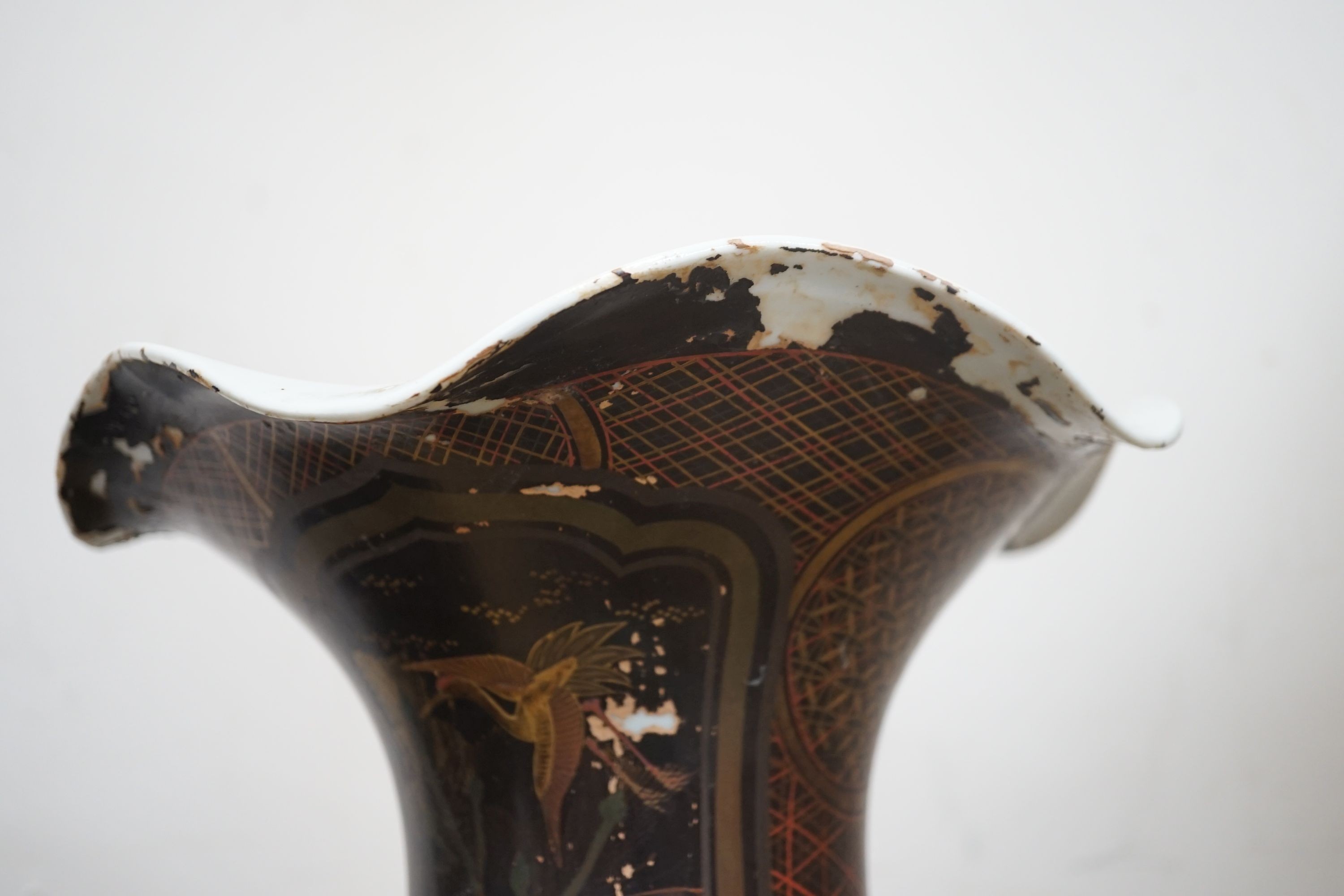 A large Japanese lacquered porcelain vase and a Japanese celadon ground jardiniere-vase 50 cms high.